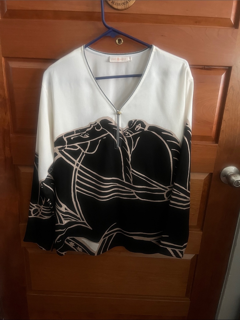 Tory Burch Black, White & Cream Graphic V-Neck Zip-Front Top